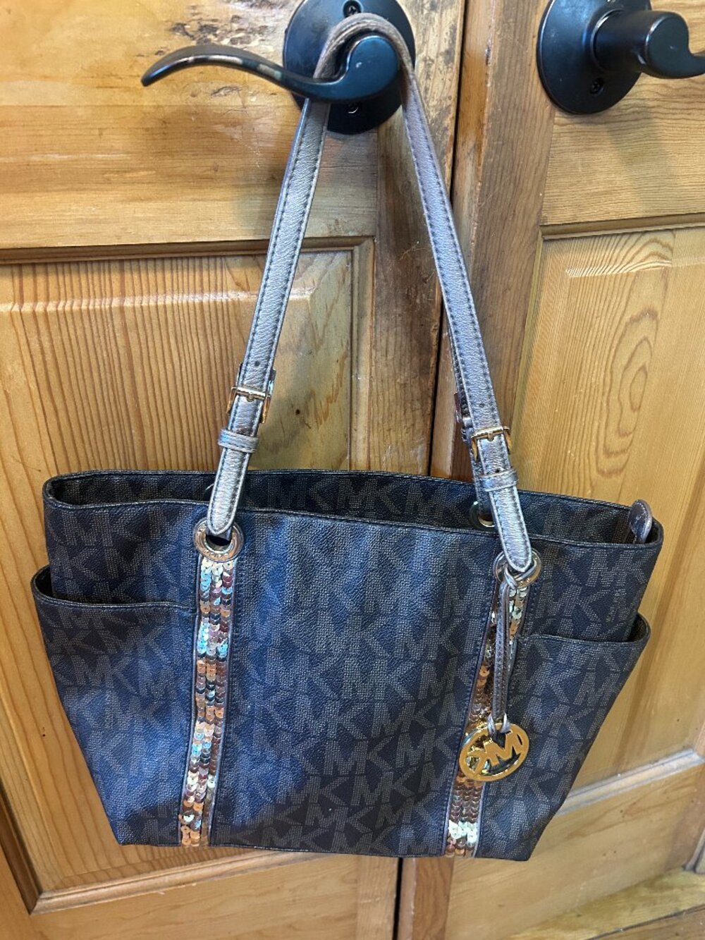 Large Michael Kors Brown Leather Momogram Tote